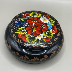 Ukrainian Lacquered Wood Trinket Jewelry 3” Box W/Lid Floral HandPainted Signed